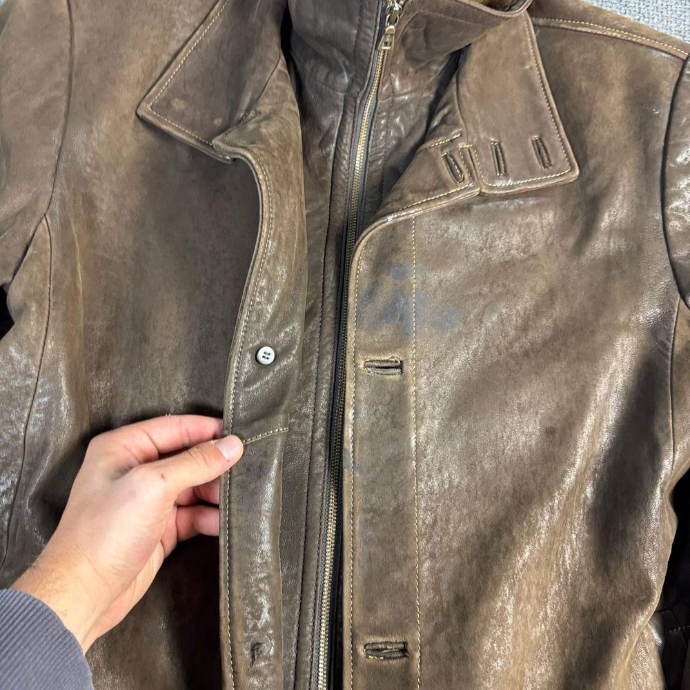 Danier Leather Car Coat Mens Large Brown Faux Fur Collar Double Layer Jacket - Picture 4 of 16